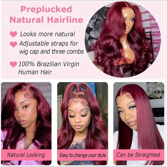 99j Burgundy Lace Front Wig remi Human Hair 22” 13x4 Body Wave Frontal Pre Pluck - Picture 6 of 11